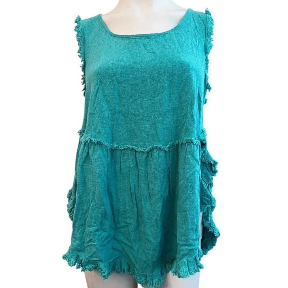 Umgee Small Linen Blend Teal Raw Hem Sleeveless Blouse Side Slits Relaxed Top